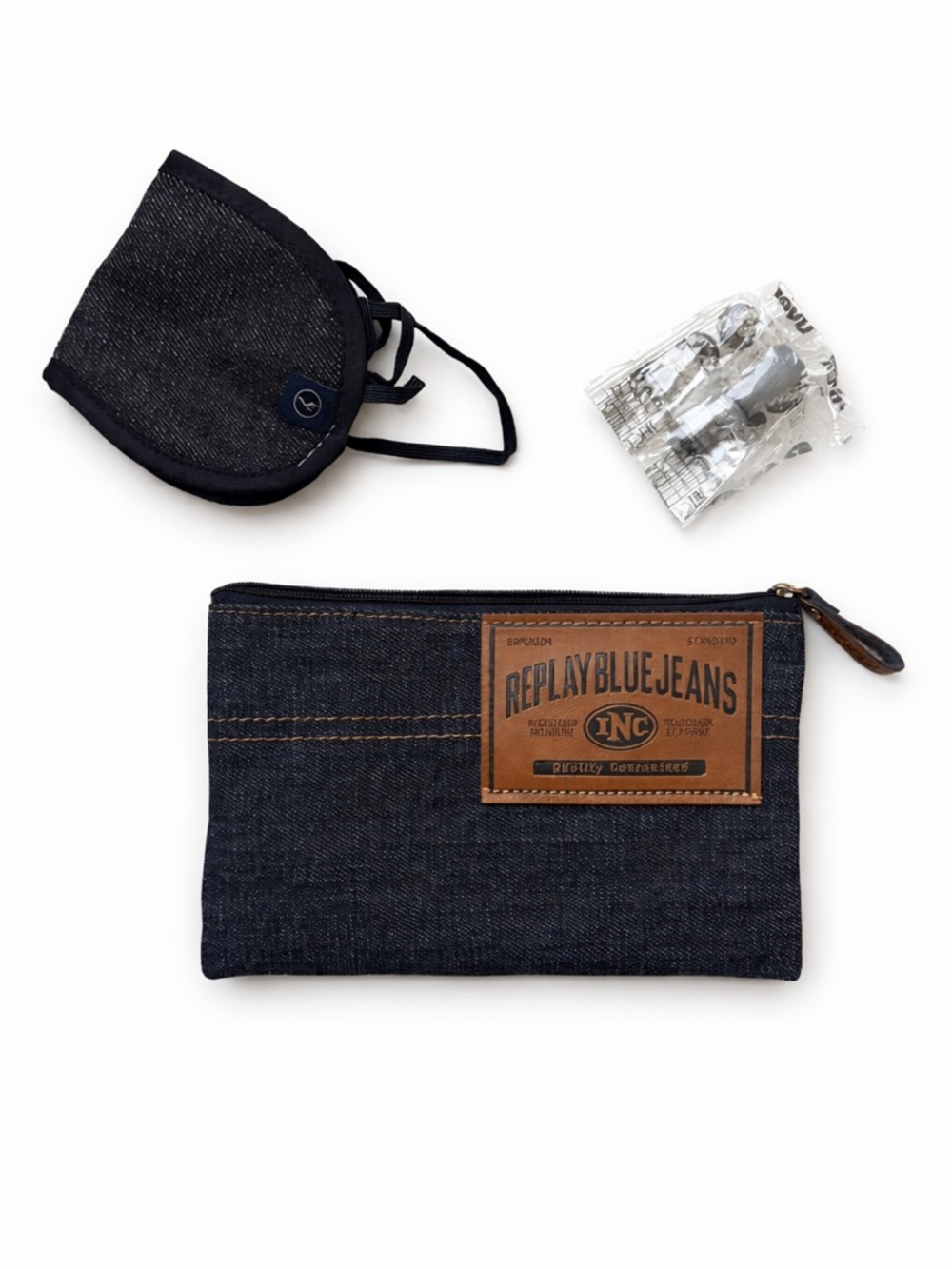 Lufthansa Replay Denim Amenity Kit Pouch Eye Mask Ear Plugs Travel Airline Bag